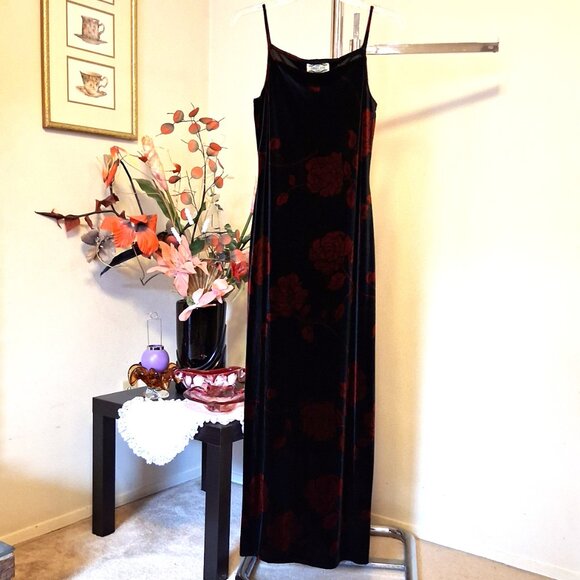 Vintage Separate Scene Black Red Floral Printed Maxi Evening Dress VTG Gowns - Picture 7 of 10